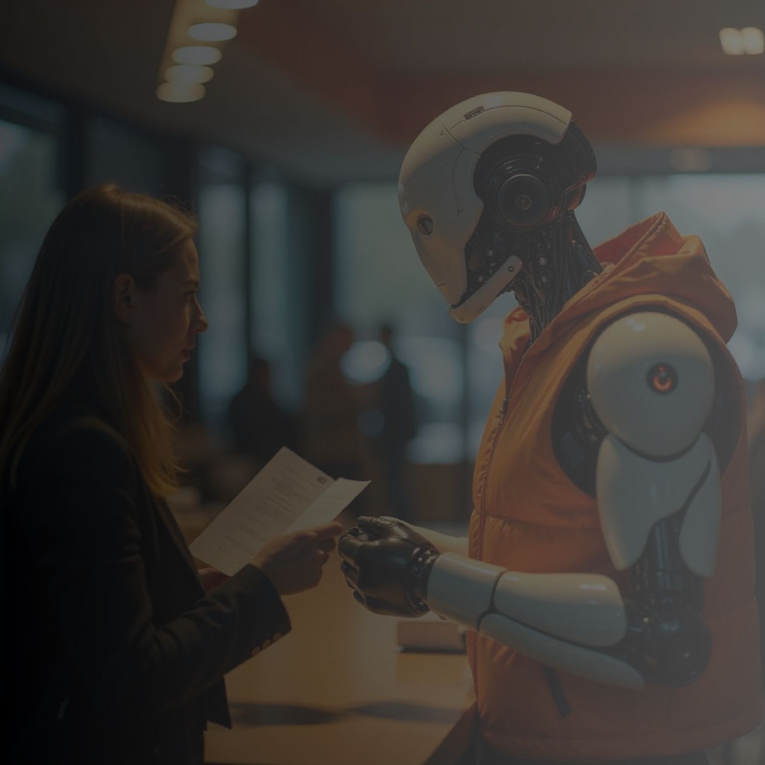 Analista de ciberseguridad colaborando con un sistema de IA humanoide en un centro de operaciones de seguridad NextGen SOC de Tecnosophie.